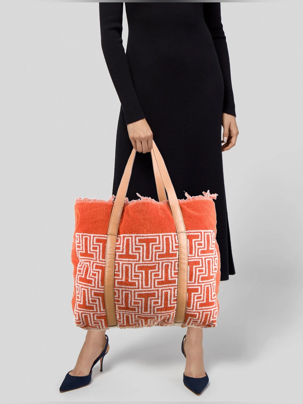 Tory Burch Purse Tote Orange Terry Cloth Leather Straps